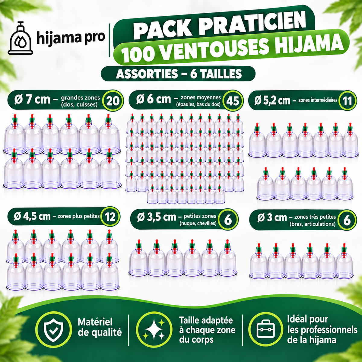 Pack Praticien 100 Ventouses Hijama Assorties – 6 Tailles