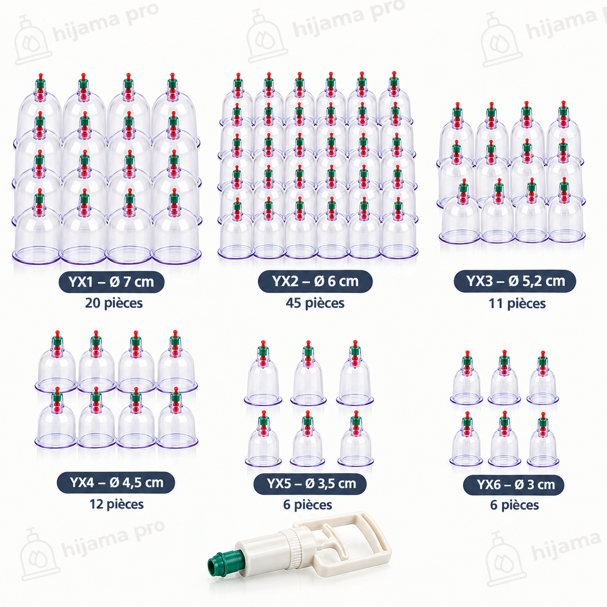 Pack Praticien 100 Ventouses Hijama Assorties + 1 Pompe – 6 Tailles