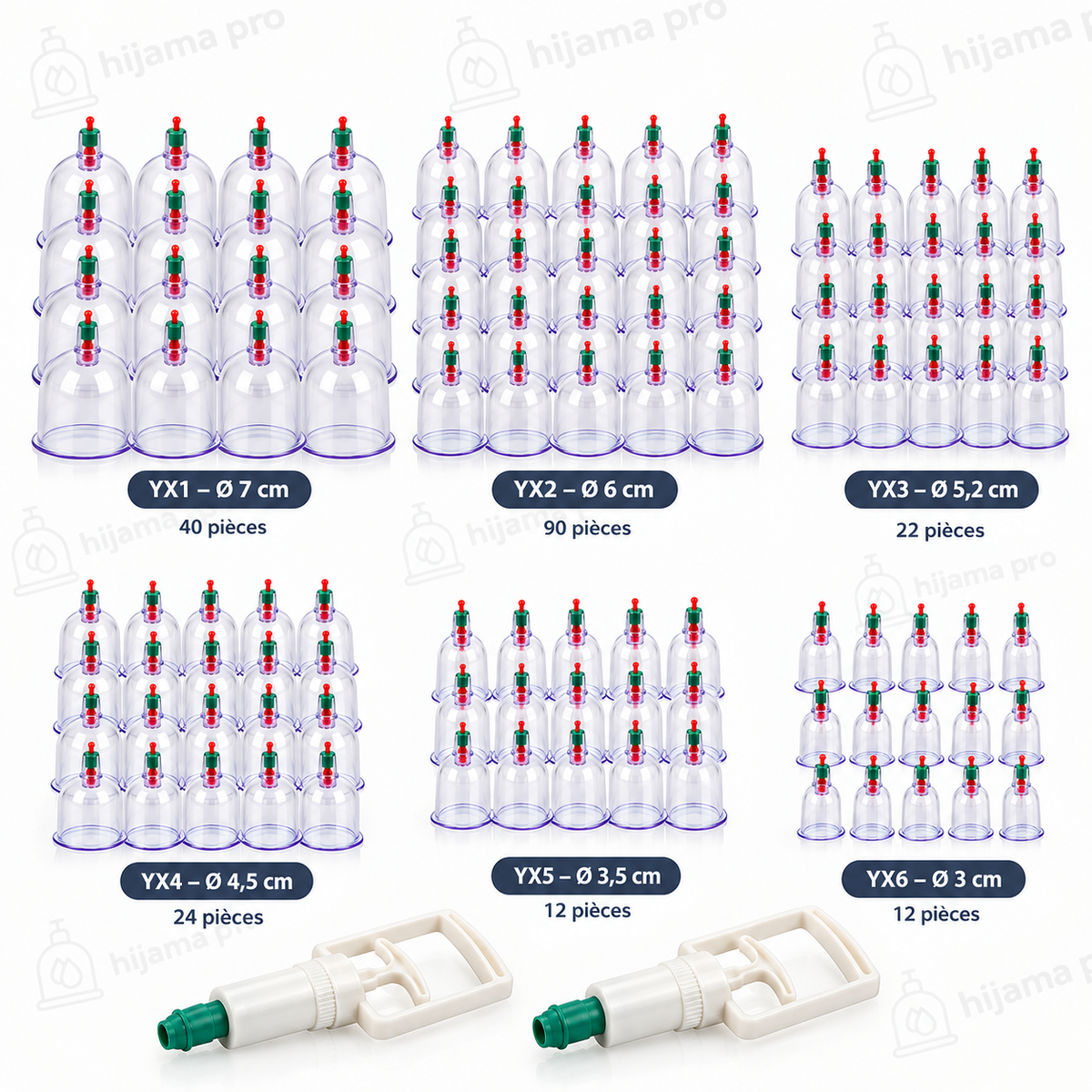 Pack Cabinet 200 Ventouses Hijama Assorties + 2 Pompes – 6 Tailles